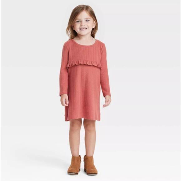 Grayson Collective Toddler Girls Cozy Burnt Red Ribbed Long Sleeve Dress - 5T - Picture 1 of 8